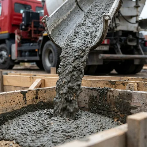 Volumetric mixer truck pouring 3000 PSI Standard Mix concrete into forms