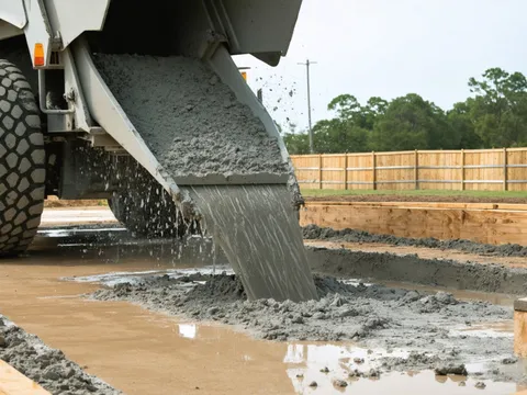 Volumetric mixer truck pouring 3000 PSI Standard Mix concrete into forms