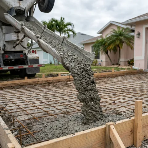 Volumetric mixer truck pouring 4000 PSI Structural Mix concrete into forms