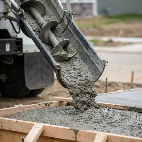 Volumetric mixer truck pouring 3000 PSI Fiber-Reinforced concrete into forms