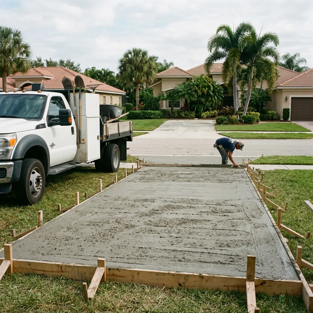 Concrete delivery truck at a Florida home with a freshly poured slab in wooden forms