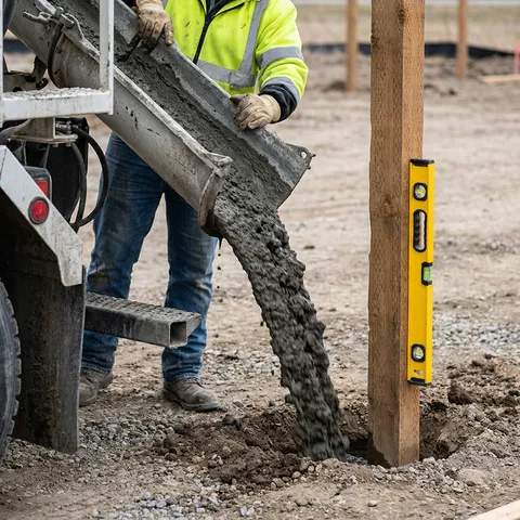 Volumetric mixer truck pouring Fence Post Mix (2500-3000 PSI) concrete into forms