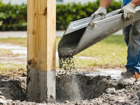 Volumetric mixer truck pouring Fence Post Mix (2500-3000 PSI) concrete into forms