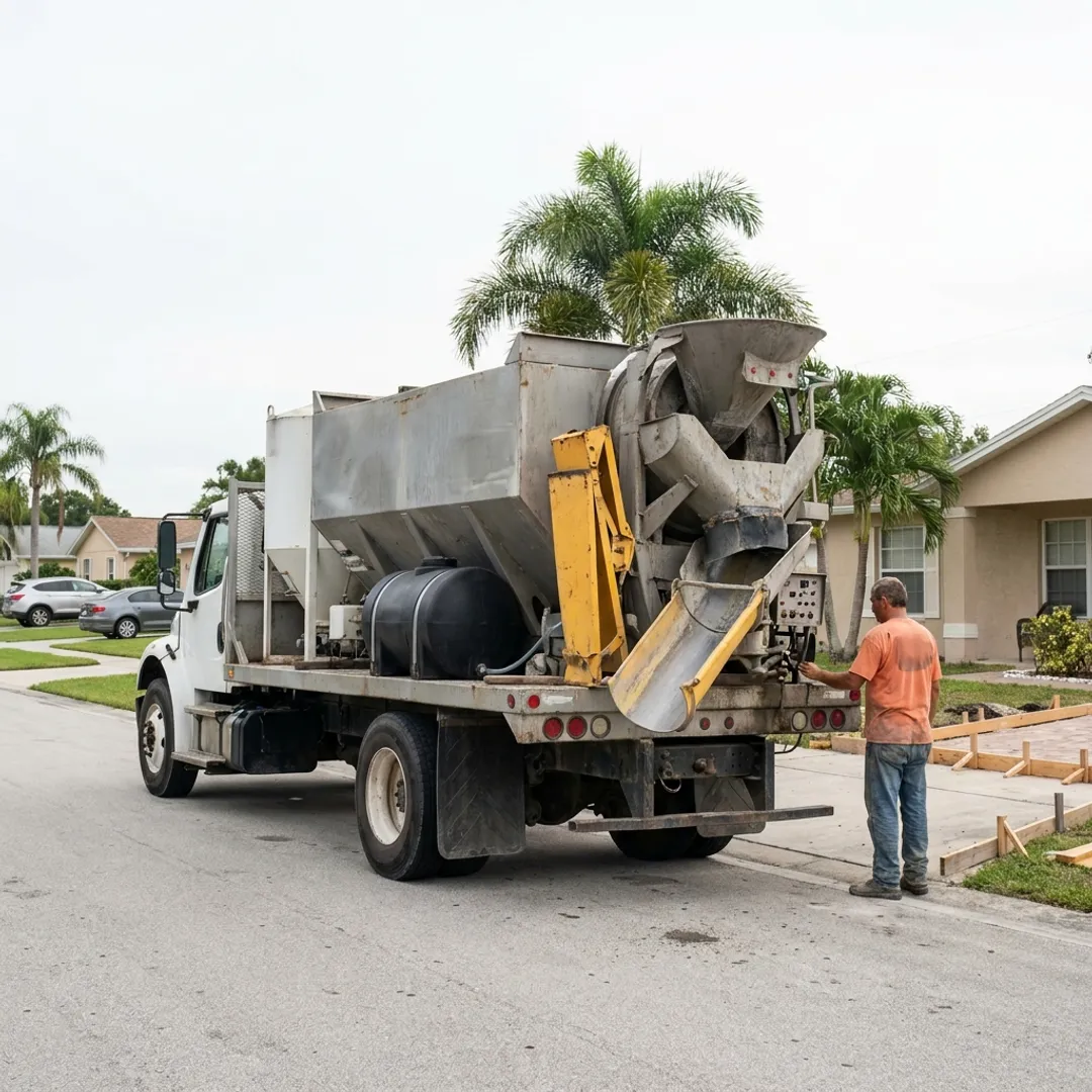 Volumetric concrete mixer truck from a local Florida operator on a residential job